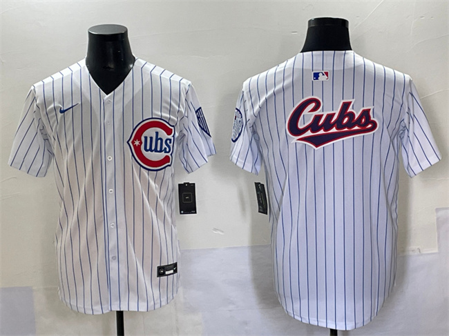 Men's Chicago Cubs Team Big Logo White Pinstripe 2nd Alternate Limited Stitched Baseball Jersey Men's Chicago Cubs Team Big Logo White Pinstripe 2nd Alternate Limited Stitched Baseball Jersey